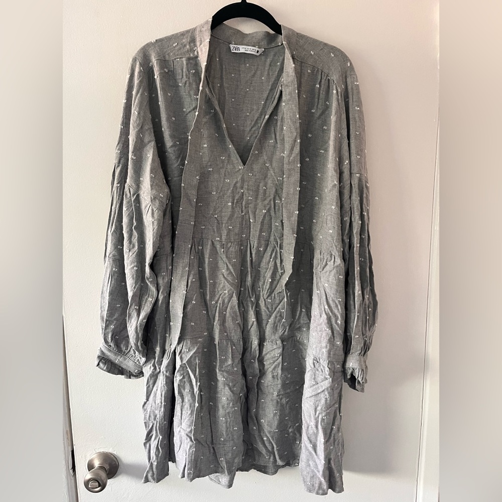 Zara Gray Polka Dot V-Neck Long Sleeve Dress